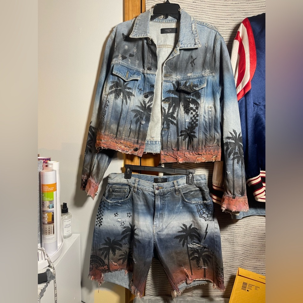 Amiri Men’s Size S Palm Tree Denim Jacket and Denim Shorts w/ Raw Hem Size 33